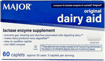 Dairy Aid 60 Caplets each by Major (1 or 3 Pack)