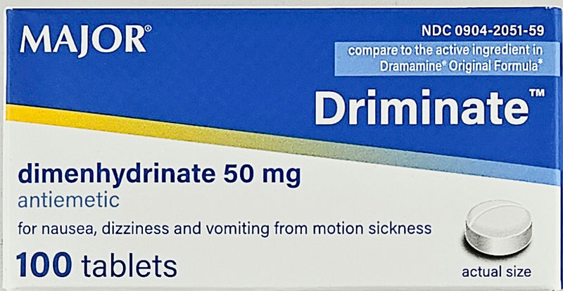 Driminate 50 mg (Antiemetic) 100 Tablets by Major - Main product image