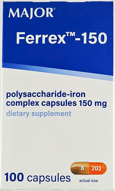 Ferrex 150 Polysaccharide Iron (Blister Pack) 100 Capsules by Major
