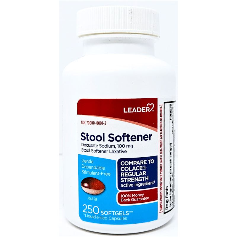 Stool Softener (Docusate Sodium) 250 Softgels by Leader - Main product image