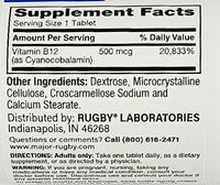 Vitamin B12 500 mcg 100 Tablets by Rugby - Image 2