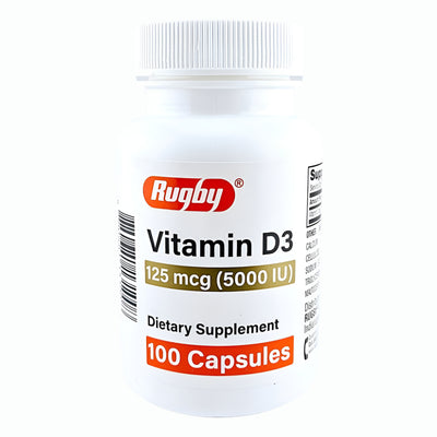 Vitamin D3 125 mcg (5000 IU), 100 Capsules by Rugby