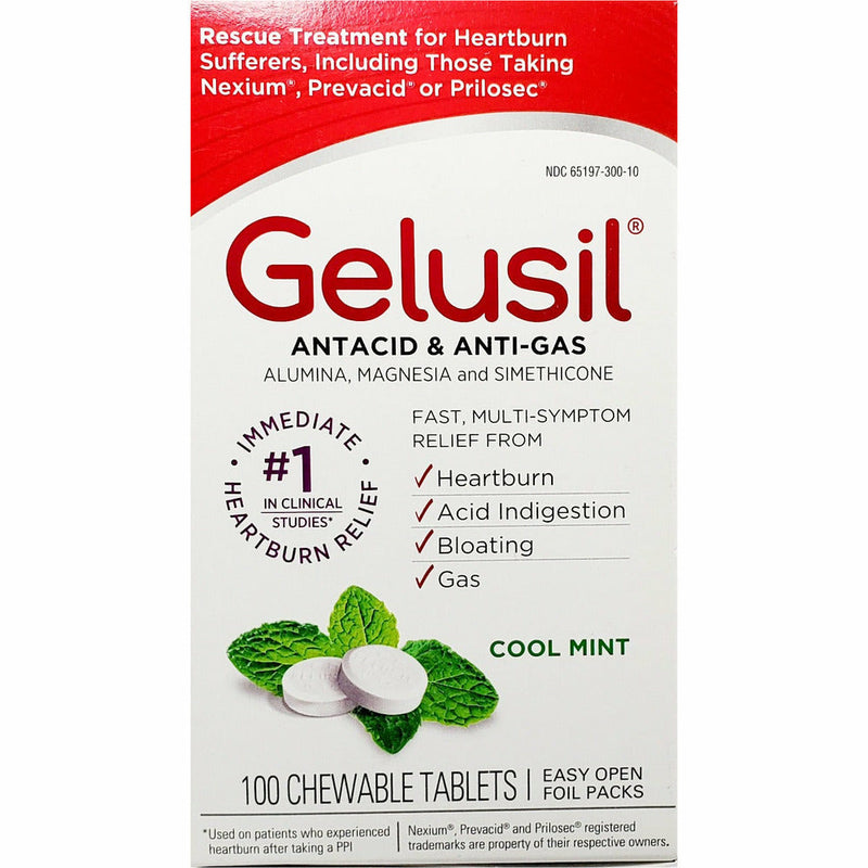 Gelusil Antacid / Anti-Gas (Cool Mint Flavor), 100 Chewable Tablets - Main product image