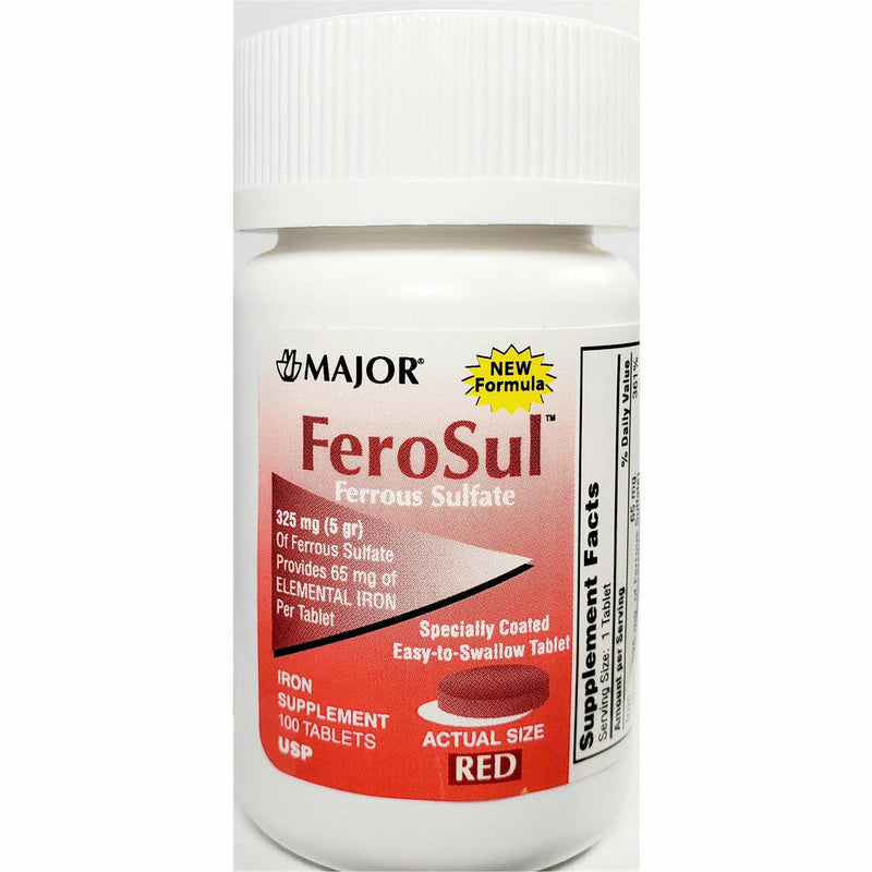 FeroSul (Ferrous Sulfate), 65 mg 100 Tablets (1 or 3 Pack) by Major - Main product image